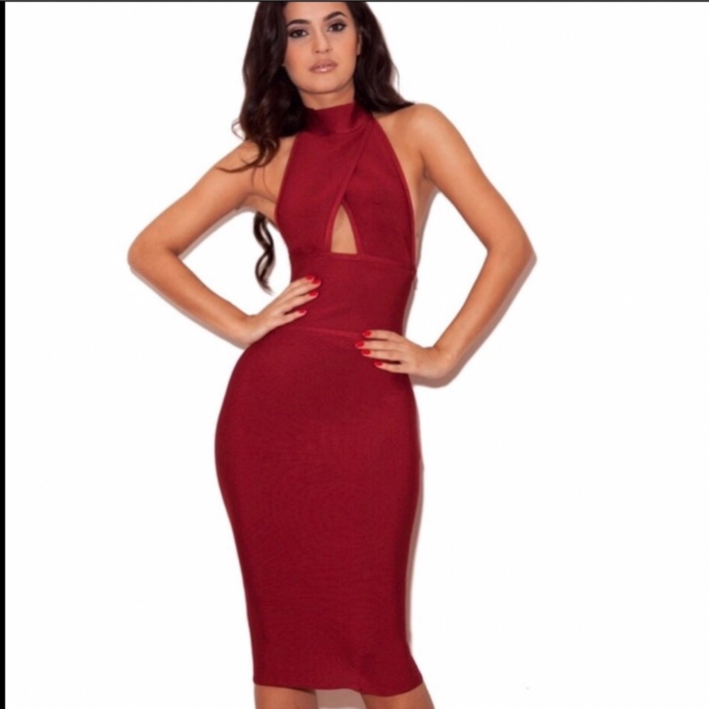 House Of CB Red Halter Neck Bodycon Bandage Dress